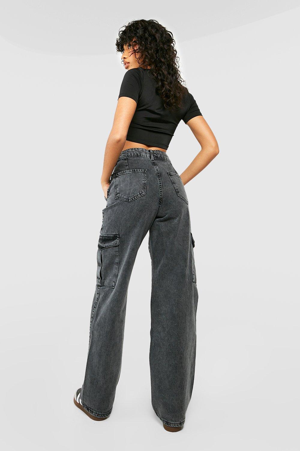 Mid Rise Washed Wide Leg Cargo Jeans | boohoo